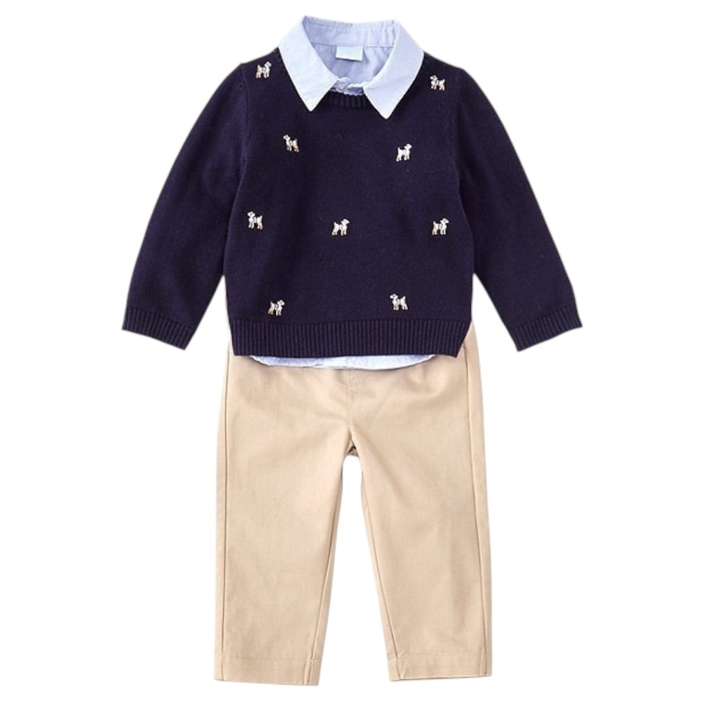 Edgehill Collection Baby Boys 3pc Dog Sweater Shirt Pant Set Navy Tan Size 9M